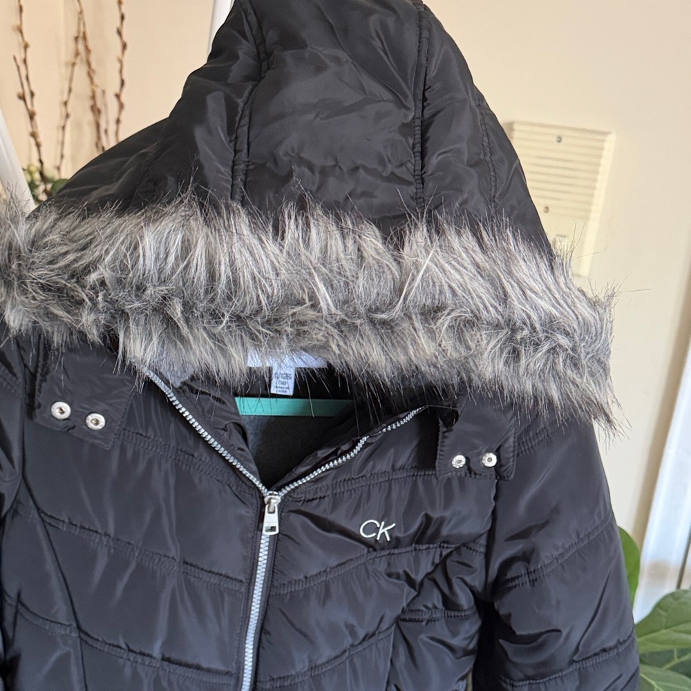 Calvin Klein Kids Black Puffer Coat with Fur Hood - Picture 11 of 16